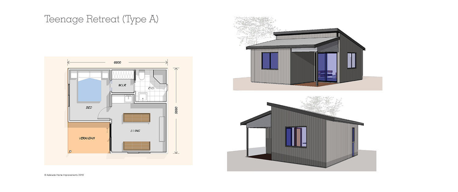 Teenage Retreat Type A granny flat — floor plan and exterior